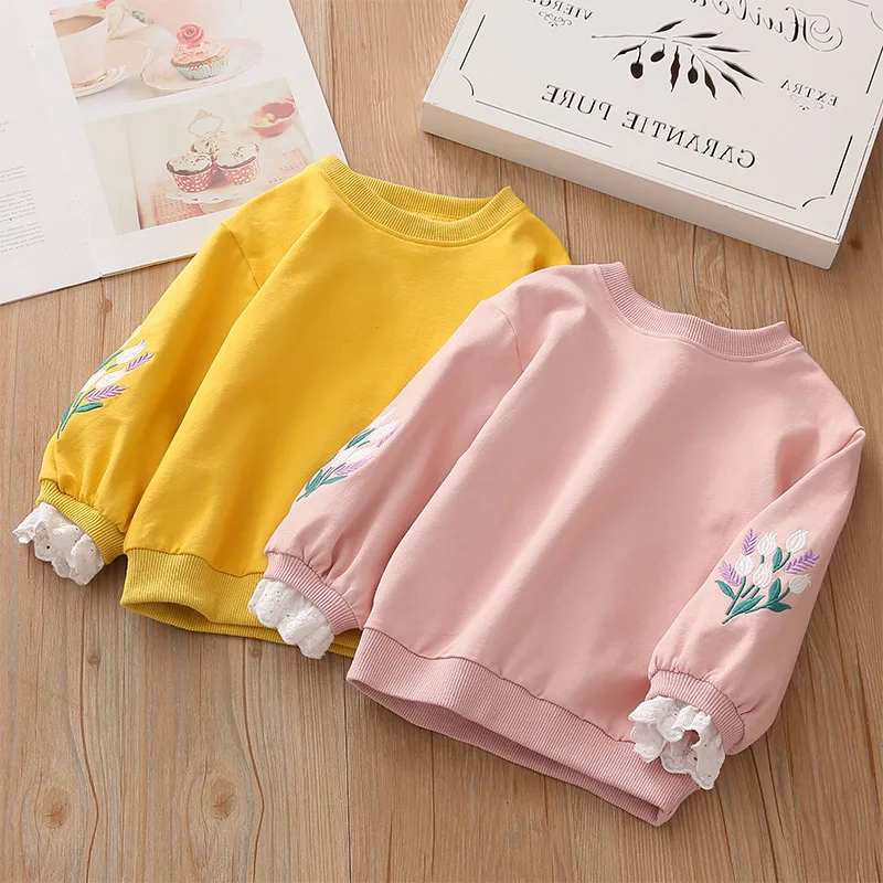 2023 Autumn Spring Casual 2 3 Years 90 100 cm Children\'S Flower Embroidery Patchwork Tops Kids Baby Girl Loose Sweatshirts