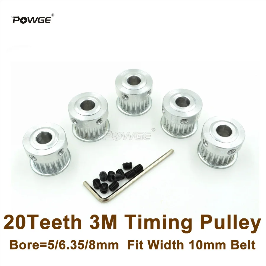 

POWGE 5pcs 20 Teeth 3M Timing Pulley Bore 5/6.35/8mm Fit Width 10mm HTD 3M Belt 20T 20Teeth HTD3M Pulley CNC Engraving Machine