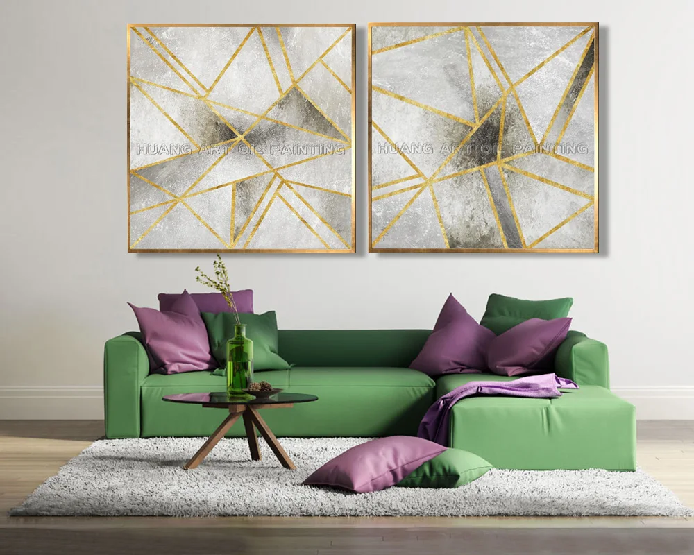 Newest High Skill Hand-painted High Quality Abstract Gold Foil Landscape Oil Painting on Canvas Modern Gold Line Oil Painting