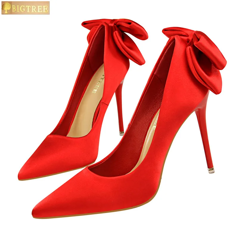 

BIGTREE fashion women pumps 10.5CM Thin high heels fine sweet delicate Satin Bow wedding Pointed Toe women's shoes