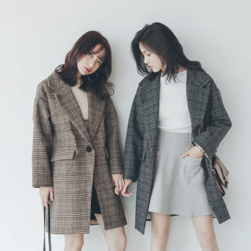 Autumn/Winter S-L New Fashion Loose Plaid Thick Women Woolen Coat with Pocket 2020 Casual Female Outwear Coffee Gray One Button