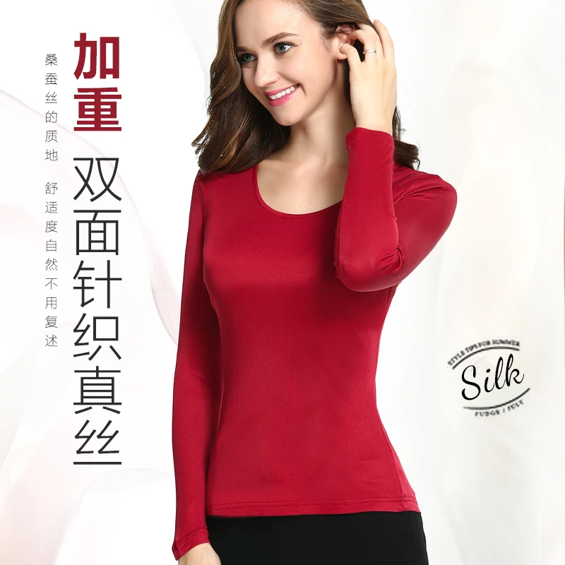 Female High-end Silk Knitting Silk Classic Long Sleeved T-shirt 100% SILK