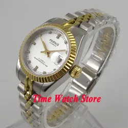 Parnis 26mm Ladies Watch  Miyota 6T51 Sapphire Glass Automatic Movement Womens Wristwatch Date Silver Dial Golden Bezel