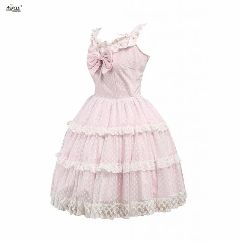 Casual/Birthday/Party Middle-Long Dress Ainclu Womens Light Pink Tulle Bow Cute Sweet Lolita Jumper Skirt XS-XXL Free Shipping