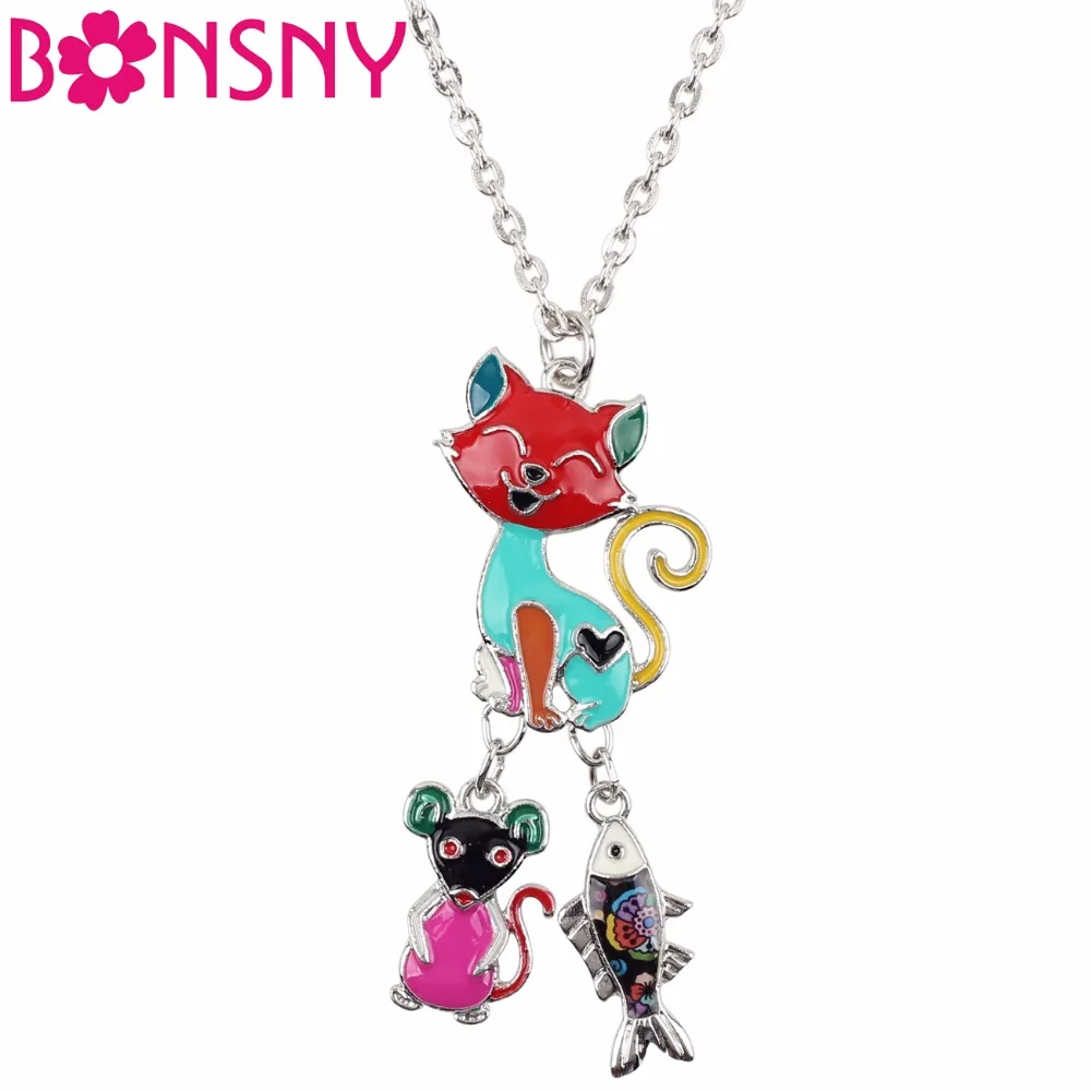Bonsny Statement Chain Enamel CAT Mouse Fish Cartoon Necklace Pendant Fairy Tale Fashion Jewelry For Women Girl Kids Gift Charms