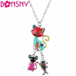 Bonsny Statement Chain Enamel CAT Mouse Fish Cartoon Necklace Pendant Fairy Tale Fashion Jewelry For Women Girl Kids Gift Charms