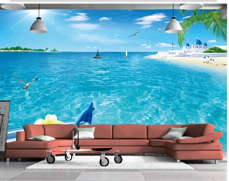 

Custom photo wallpaper large 3D Stereo romantic Sandy beach tree Castle Custom 3d mural wallpaper European style