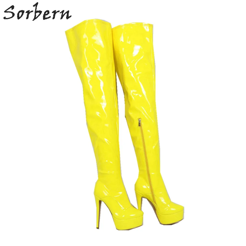 Sorbern Bright Yellow Over The Knee Boots For Women High Heel Platform Stilettos Winter Style Mid Thigh High Boot Female Shoes image 4