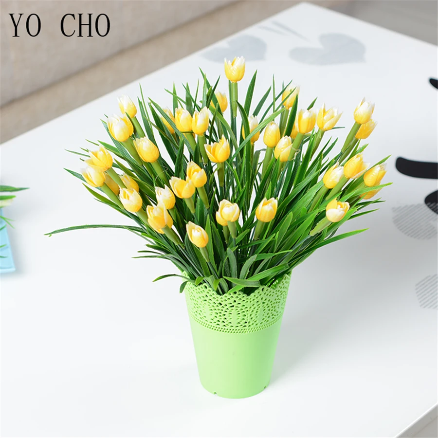 YO CHO Artificial Flowers Tulip Bonsai Wedding Home Decoration Spring Grass Plastic Tulip Plante Fake Flowers Mini White Flowers