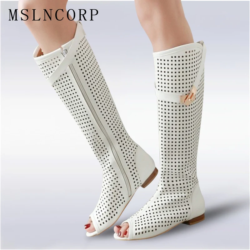 

Size 34-47 High Quality Leather Women Flat Heels Buckle Gladiator Long Boots Open The Toe Knee High Lady Summer Sandals Boots