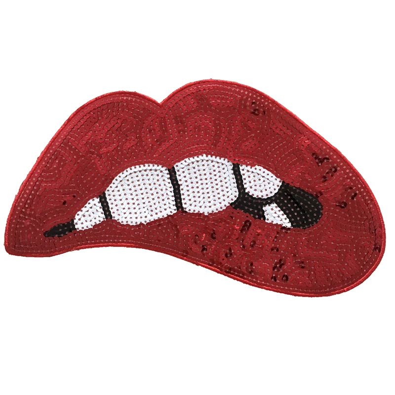 2022 New Red Lips Sequined Sew on Patches for Clothes T-shirt Large Mouth Sequins Embroidered Patch Applique Sewing DIY badges