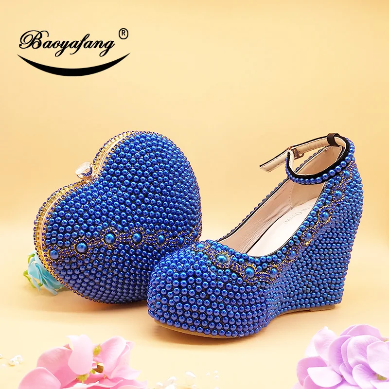 BaoYaFang 2019 new Arrive wedding shoes with matching bags High Wedges Heart purse royal blue pearl party shoes and bags