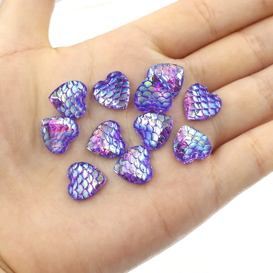 Fnixtar 100pcs 12mm shiny AB color figure of fish scale heart Resin Flat back Cabochon Art Supply Decoration Charm Craft