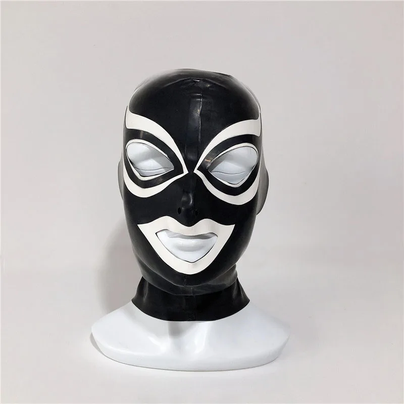 

2019 new arrival sexy lingerie cekc unisex club drama handmade black latex hoods hood mask with eyes white trim zentai fetish