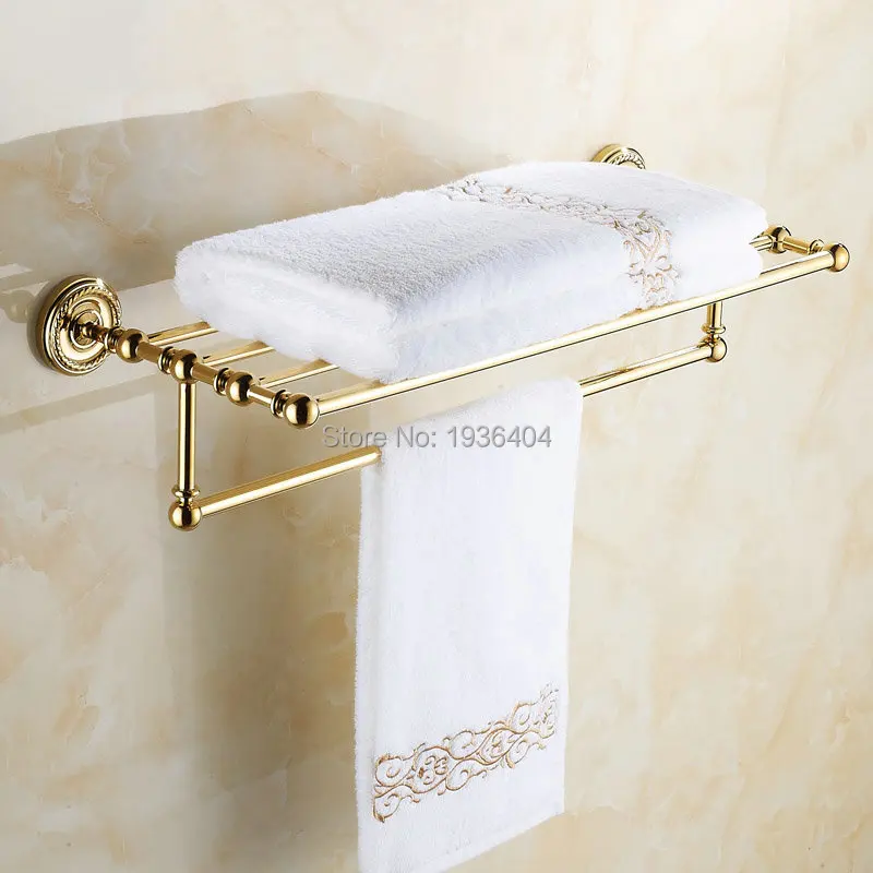 

Luxury Euro Design Golden Finish Antique Brass Bathroom Towel Racks Romatic Double Towel Rack Wall Mounted Towel Shelf TR1003