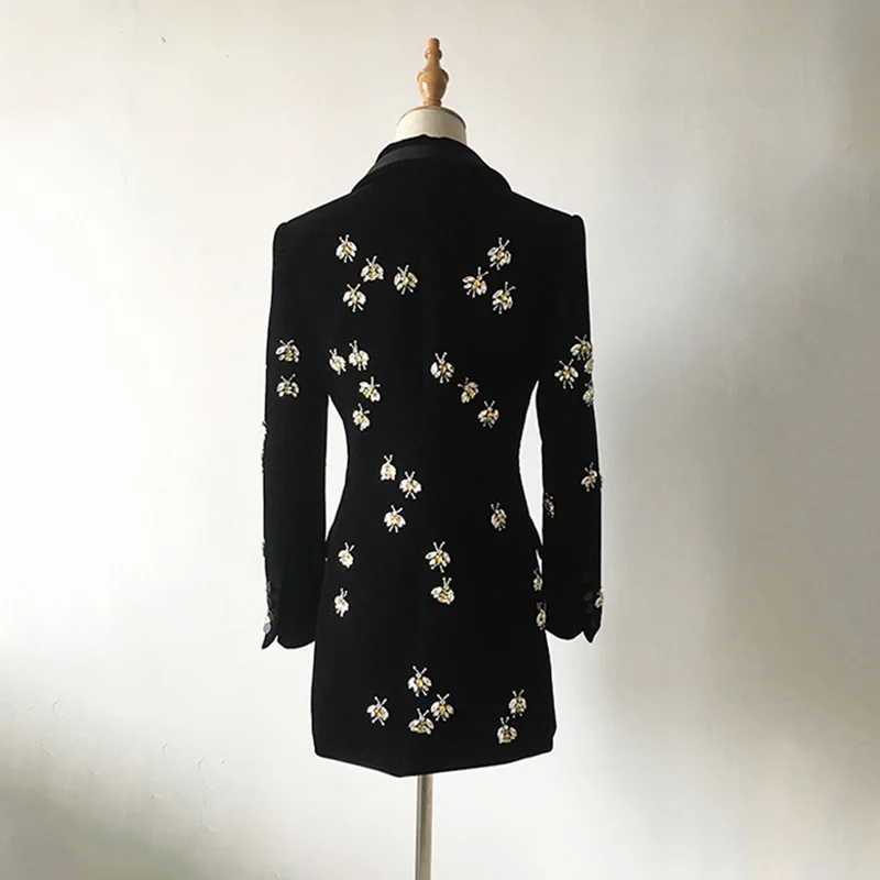 2022 Top Fashion Women\'s High Street Luxury Black Velvet Blazers Notched Animal Bee Beading Fit Blazer Coat