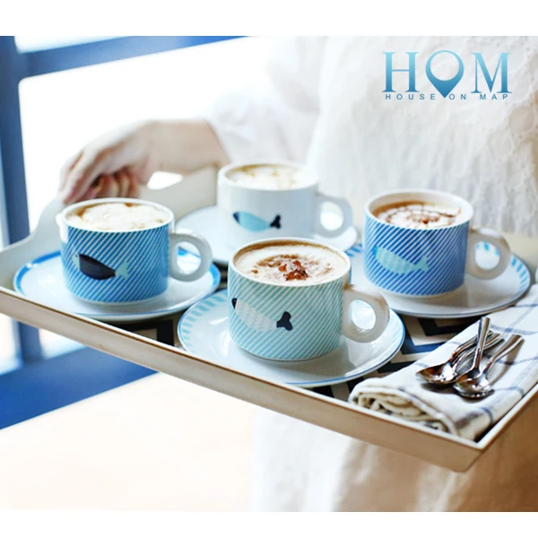 Modern Style Fish Printed Coffee Tea Set Ceramic 4 Cups 4 Trays 4 Spoons Simple Gifts For Friend Wholesale Price Porcelain 8pcs