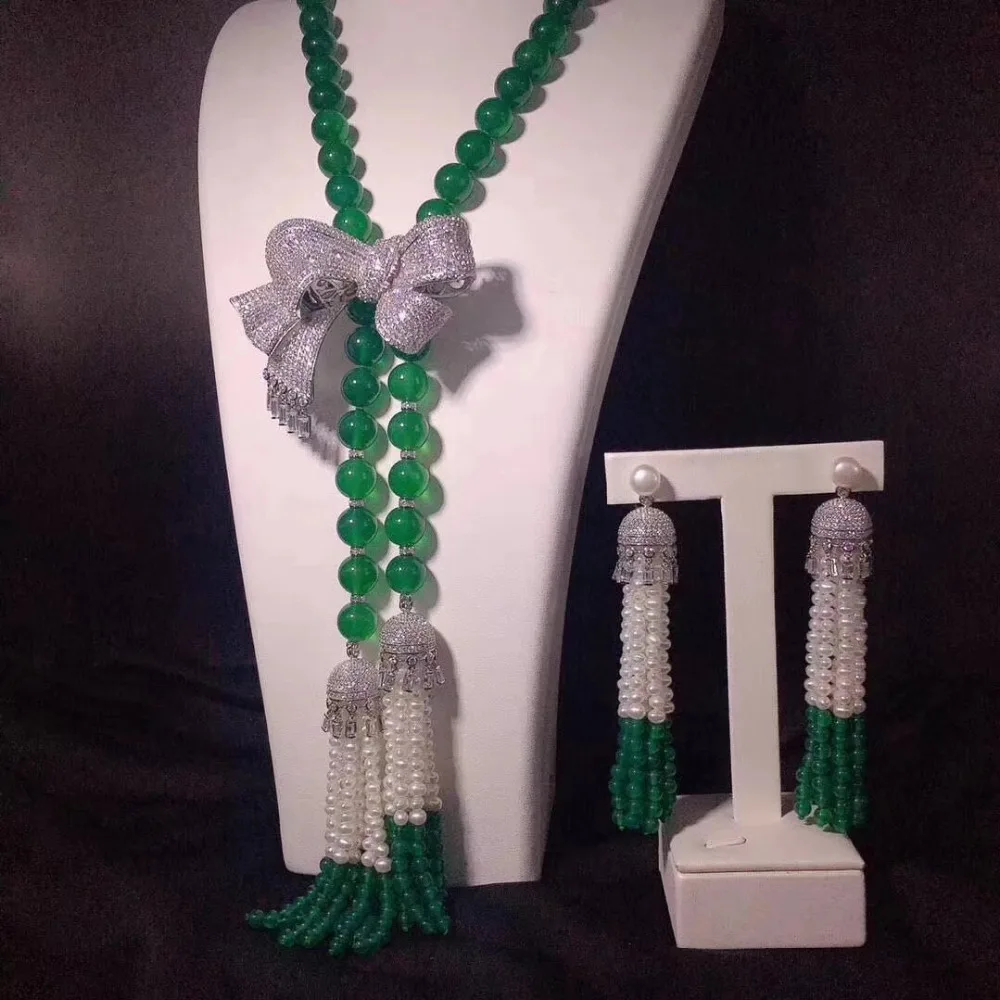 

wholesale freshwater pearl/green jade 8-9mm white near round &bowknot tassel neklace /earrings 45inch FPPJ