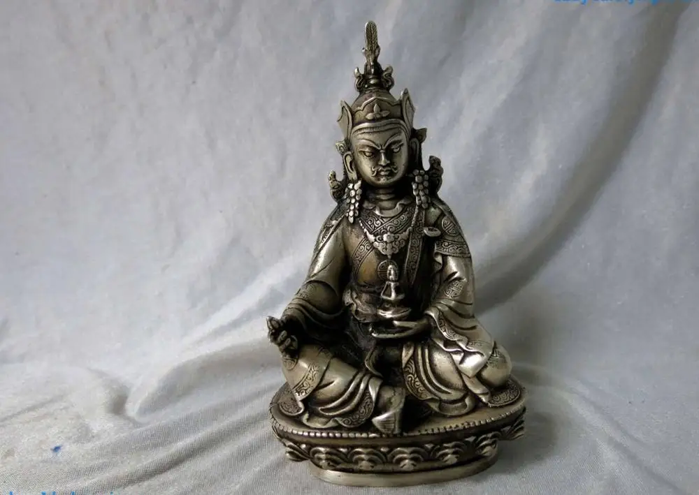 

7" China silver carved fine Buddhism Padmasambhava buddha Sculpture Statue