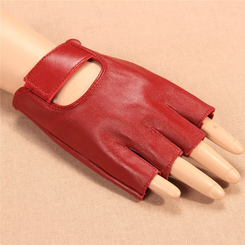 Women Gloves Red Half Finger Genuine Leather Glove Dance Driving Semi-Finger Short Style Free Shipping  JT905