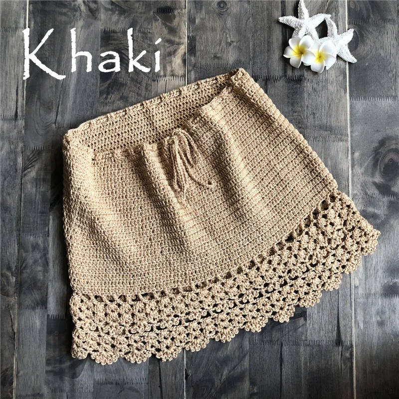 Elegant Handmade Cotton Crochet Mini Skirts Women Summer High Waist Bow Tie Skirt Ladies Beach Bikini Bottoms Saias 2020