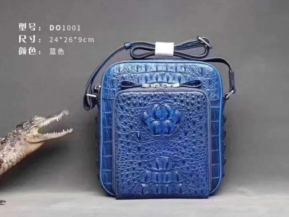 

2018 new blue genuine crocodile head skin alligator leather men shoulder bag cross body small bag fast free shipping