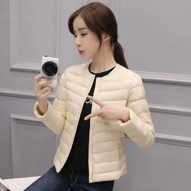 2018 Autumn Winter New Korean Light Thin Short Down Jacket Female Slim Round Neck Warm Button White Duck Down Coats