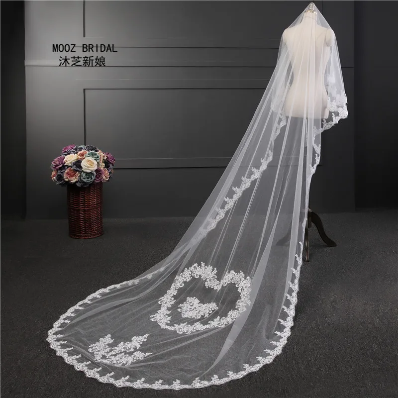 017 Bridal Veils Een Layer Lace Edge Applicaties Sweetheart Staart Kathedraal Lengte Nieuwe Stijl Bruiloft Sluier