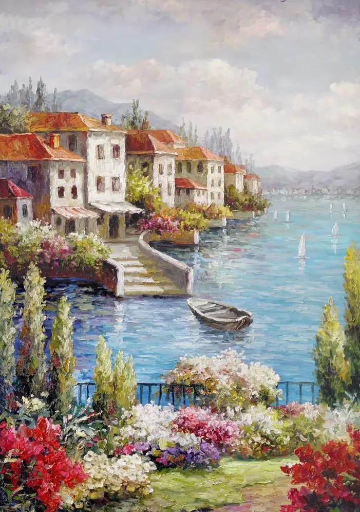 Needlework Crafts 14CT Unprinted Embroidery Quality Counted Cross Stitch Kits Seaside Villa Romantic Garden Harbour Scenery