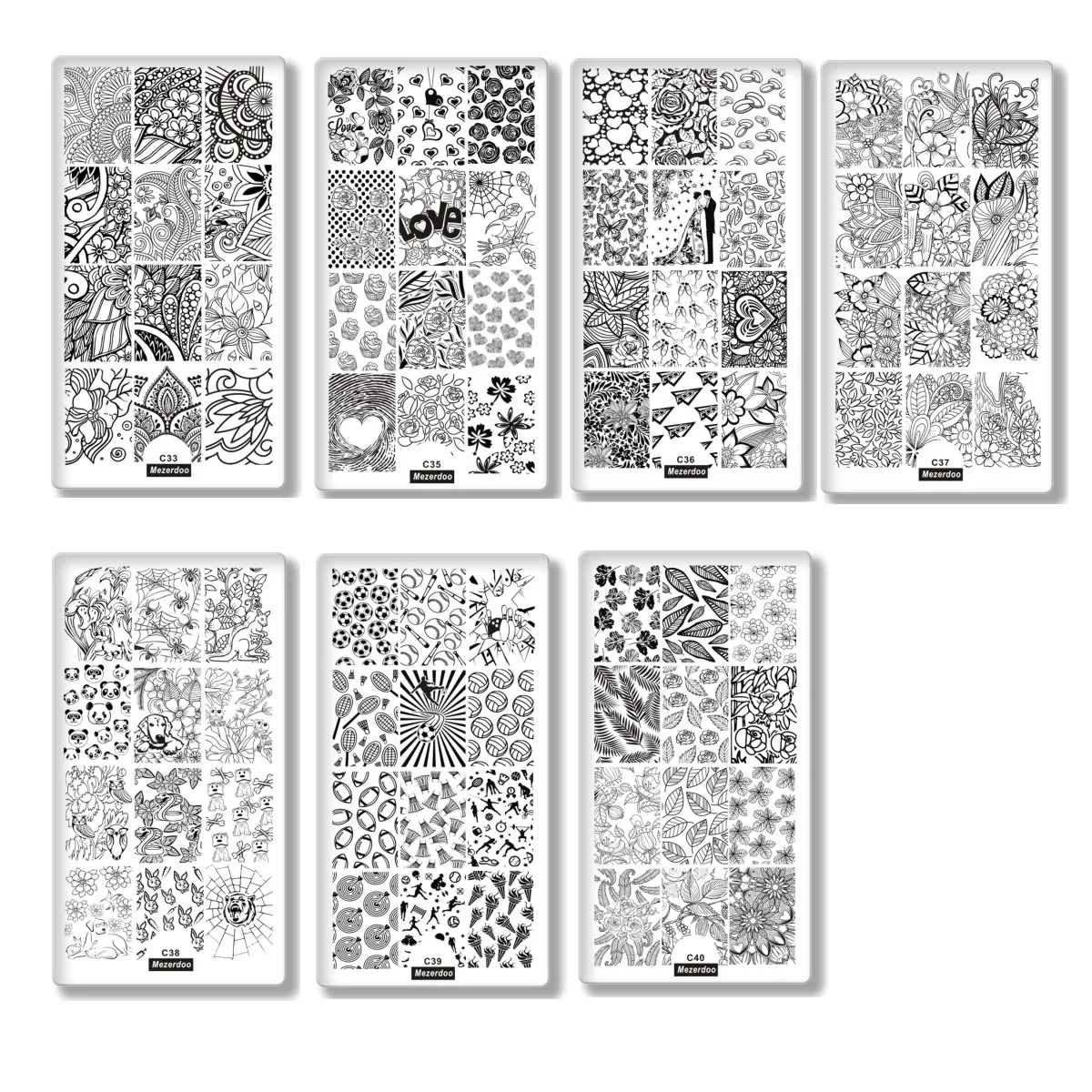 Love Celebrate Theme Rectangle 7Pc Nail Art Stamp Template Set Leaf Panda Football Style Stamp Image Plate DIY Manicure Template