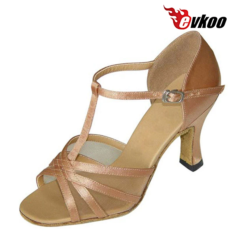 Evkoodance T-strap Latin Tango Salsa Dance Shoes Ladies 7cm Heel Height Black Tan Khaki  Dance Shoes Evkoo-136 customized shoes