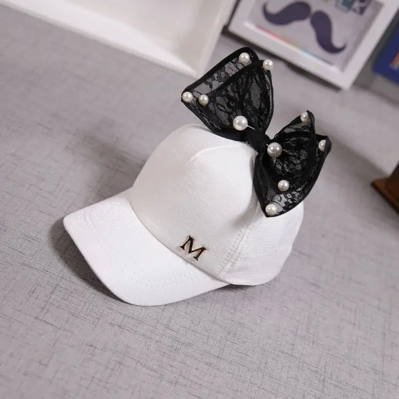 Gorra de malla para niños, gorro de béisbol con lazo grande, Snapback, Hip Hop, oreja de conejo, perla, primavera y verano