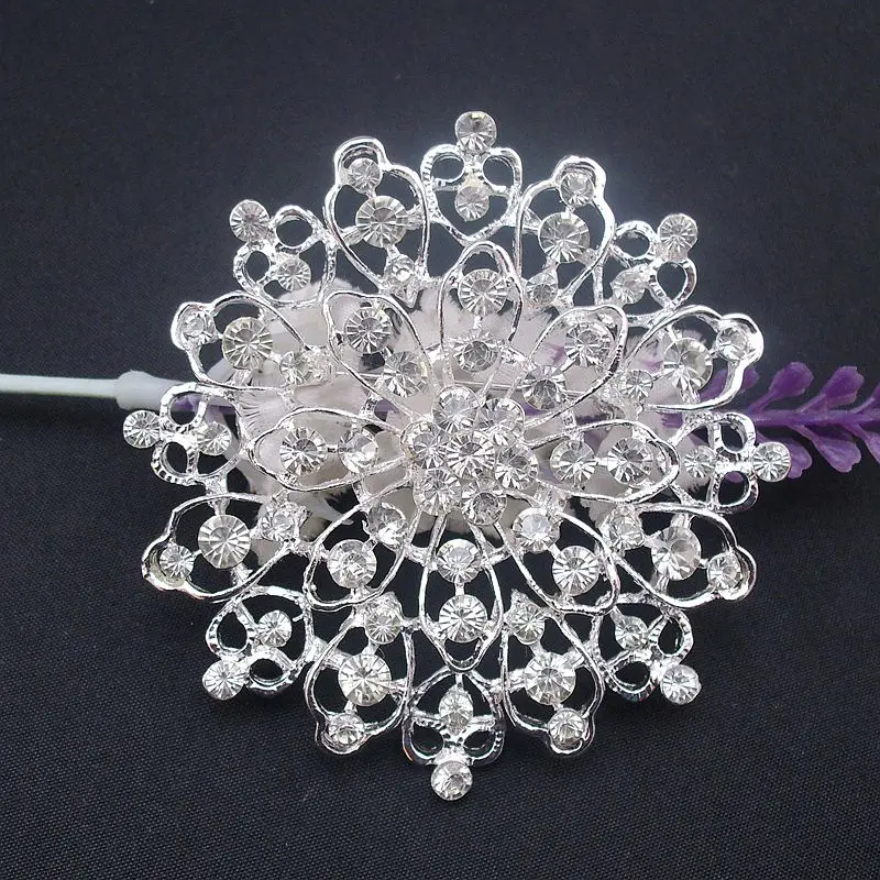 Fashion Large Round Elegant Vintage Rhinestone Snowflake Flower Style Silver Plated Star Pin Beautiful Brooch, Item No.: BH7469