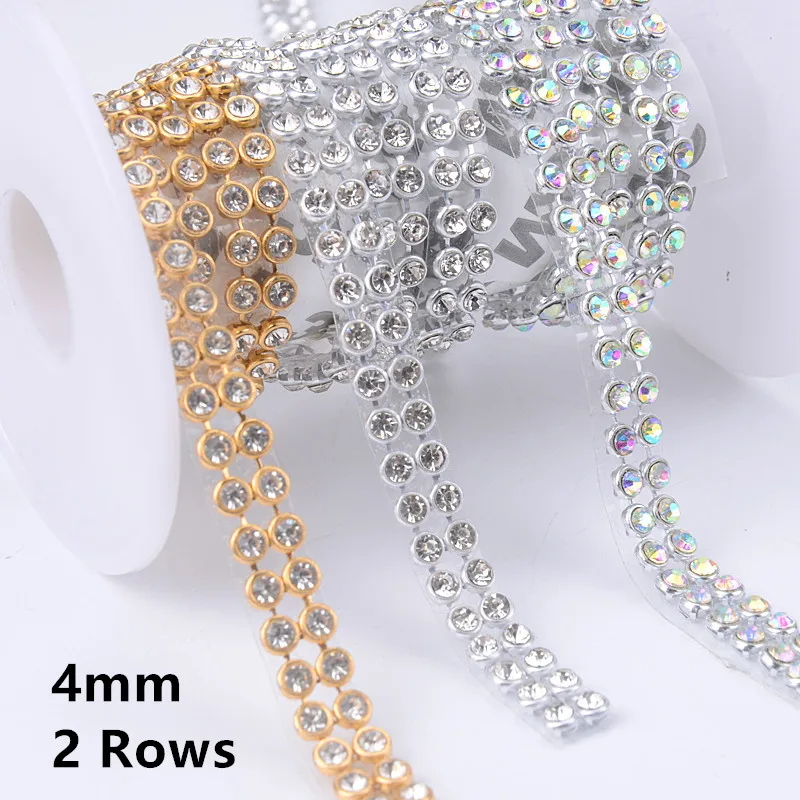 4mm 2/5/10 Rijen Kristalheldere Steen Tape Hot Fix Trim Strass Mesh Aluminium Basis Zelfklevende Netto Banding Voor Bruiloft Decoratie