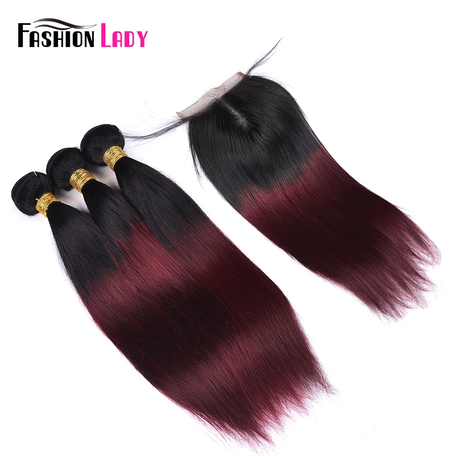 Fashion Wanita-Berwarna Ombre Rambut Brazilian 3 Bundel dengan Renda Penutupan 1B/99J Lurus Menenun Rambut Manusia bundle Pack Tidak Remy