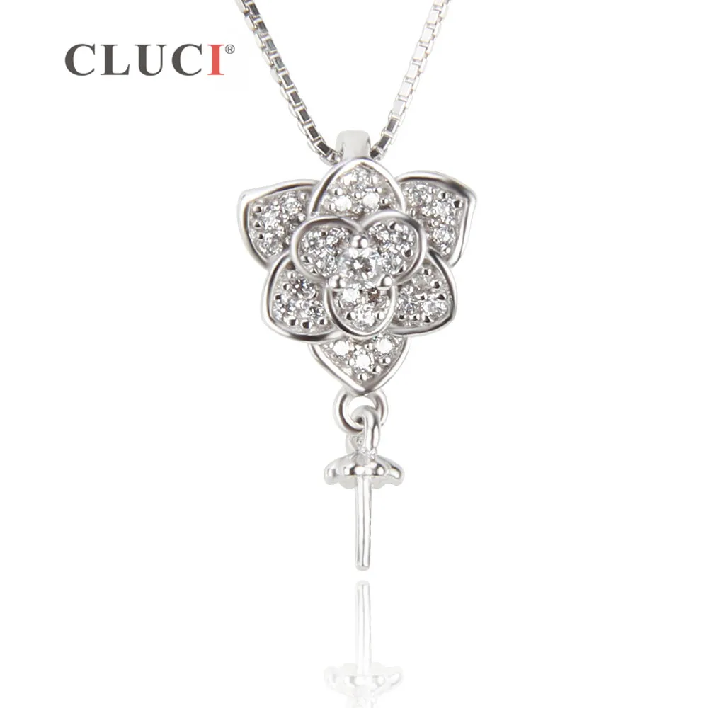 CLUCI Flower Pendant Necklace Accessary 100% 925 Silver for Women Jewelry  ,can stick pearl on SP272SB