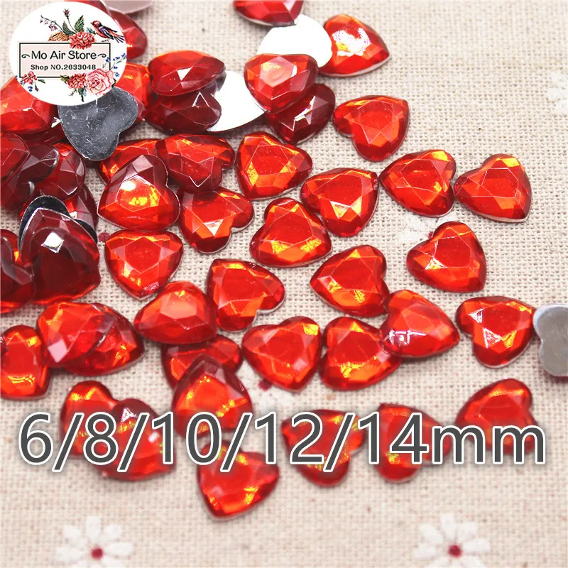 6/8/10/12/14mm red/pink/purple Facets flat back Acrylic rhinestone stone heart decoration DIY craft no hole