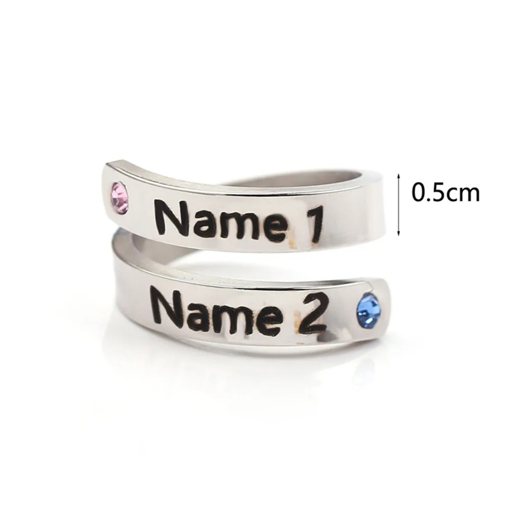 Senfai Custom Name Open Ring Crystal Double Name with Birthstone Rings for Couple Lover Fashion Trendy Best Gift Top Quality