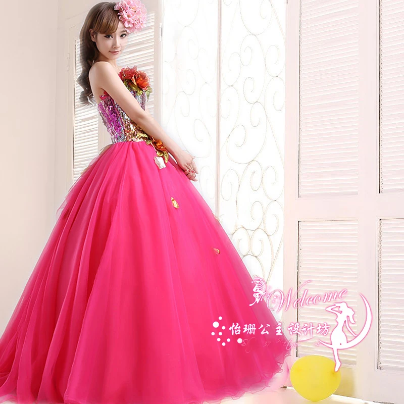 

Free ship hot pink sequined flower beading ball gown royal Medieval Renaissance Victorian dress Belle ball