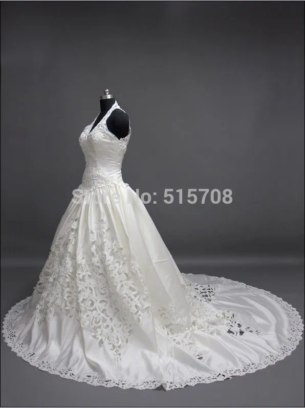 Real Photo Wedding Dresses Sexy Halter Ball Gown Lace Applique Satin Chapel Train Church Garden Bridal Dress