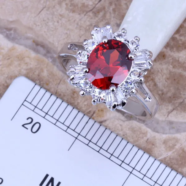 Red Garnet White CZ Silver Plated Jewelry Sets Earrings Pendant Ring Size 5.5 / 6 / 7 / 8 / 9 / 10 S0083