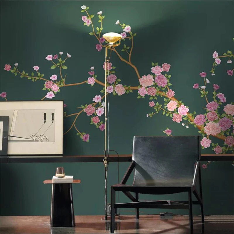 Custom wallpaper 3d mural new Chinese modern silk hand painted pen flower bird background wall decorative painting 3d wallpaper