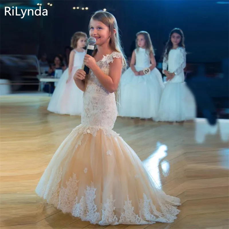 Vestito Dalla Ragazza di fiore Per Matrimoni Lungo Della Sirena Maniche Corte Pageant Abiti Manica Corta Piuma Appliques Abiti di Promenade Vestido