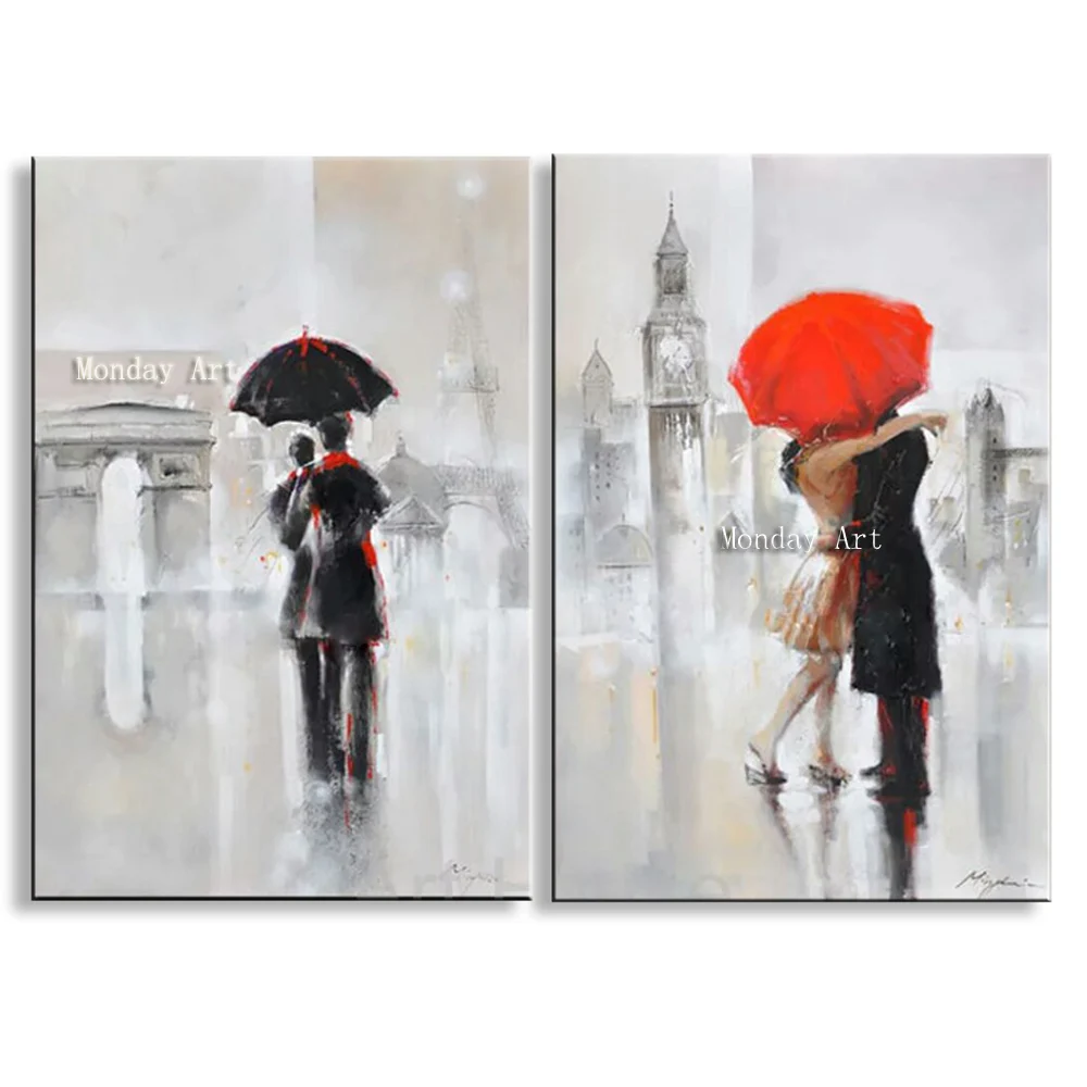 

Artist Handmade High Quality Lover Under Red Unbrella Oil Painting Grey Silver Art Oil Painting on Canvas figure Oil Painting