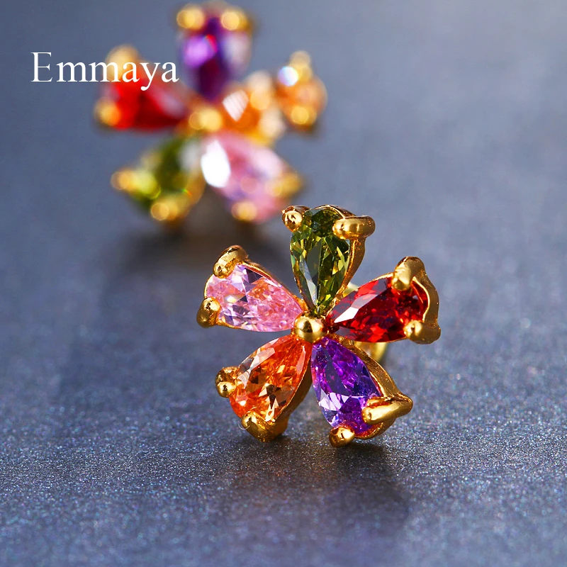 Emmaya Top Sale New Flower Earrings Champagne Gold Color Multicolor Cubic Zircon Stud Earrings for Women Bijoux Brinco Gift