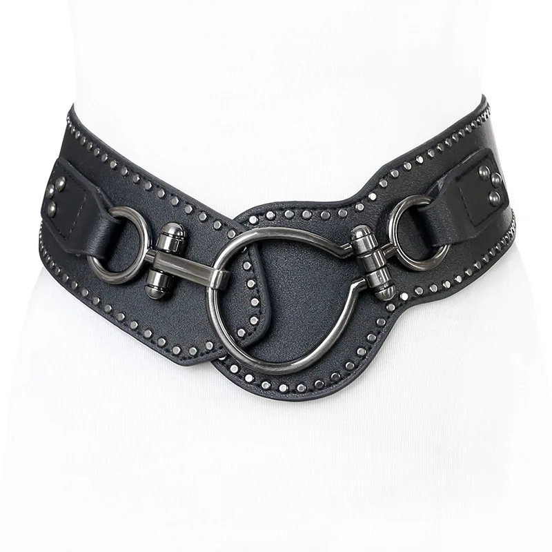 

Lady Genuine Leather Belt Girls Punk Oblique Cross Dress Metal Belt Female Wide Black Waistbelt Decoration Waistband B-9144