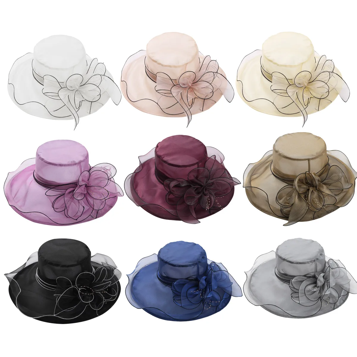 Chapeau de soleil en Organza à large bord pour femmes, élégant, à volants, à fleurs, Kentucky Derby, pour fête de mariage, grand chapeau d'été