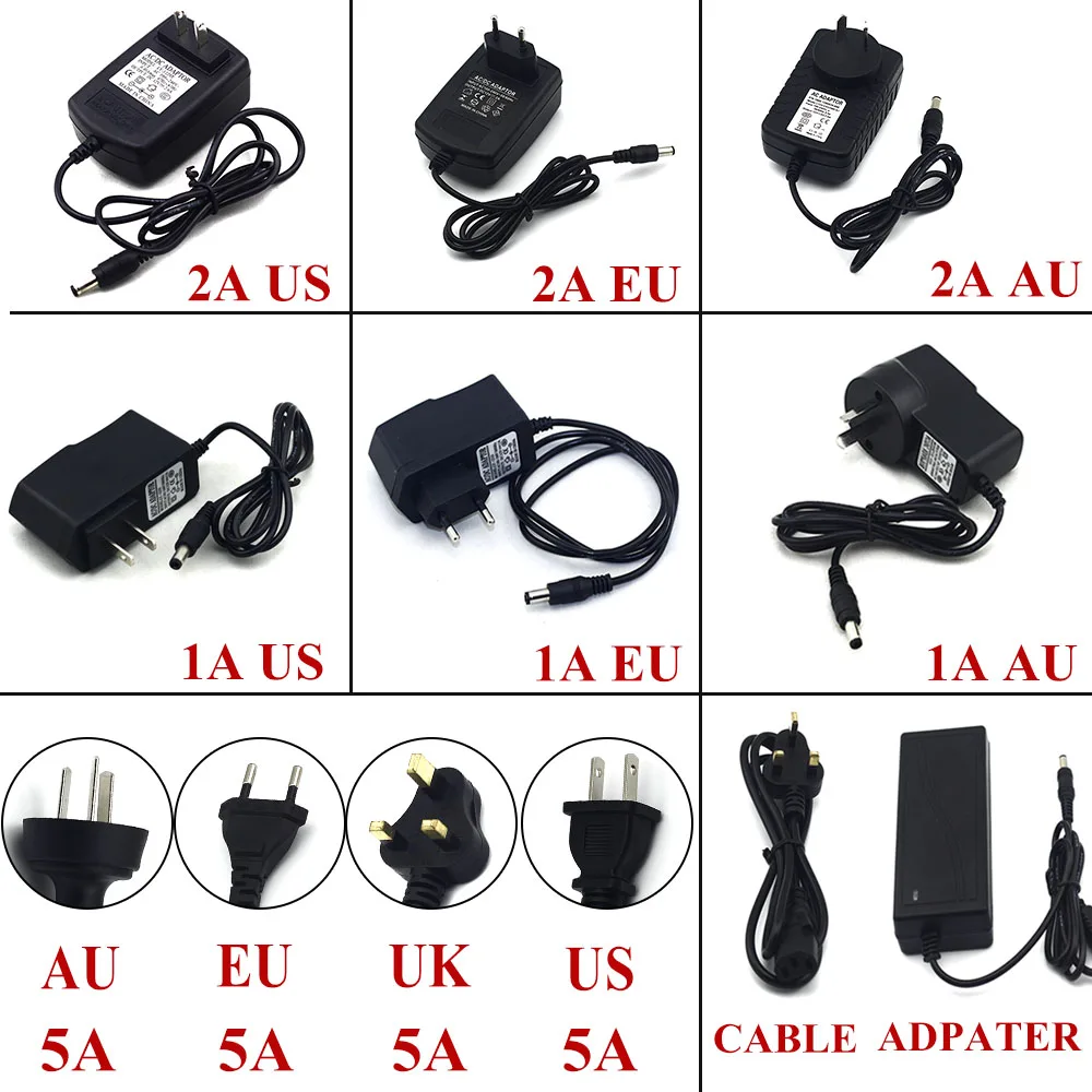 1A 2A 3A Power Adapter for Led Strip 12W 24W 60W DC 12V Voltage Transfomer with EU US UK AU Plug Power Supply Led Driver