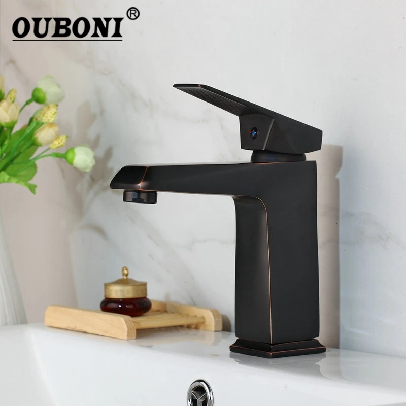 

OUBONI NEW Black ORB Solid Brass Bathroom Tap Faucet Deck Mount Bathroom Water Basin Sink Single Handle Faucet Mixer Taps