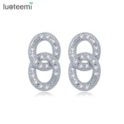 LUOTEEMI 2 Small Round Connected Stud Earring For Women Bridal Wedding Twisted Silver Color Korean Unusual Design Zircon Earring